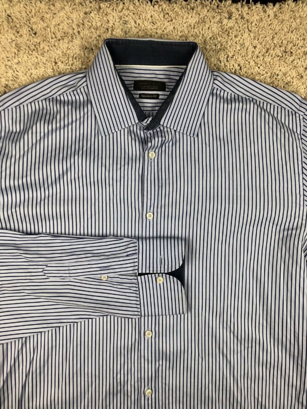 Zara Man Button Up Shirt Adult Large 16 Blue Striped Cotton Men’s Tailored Fit